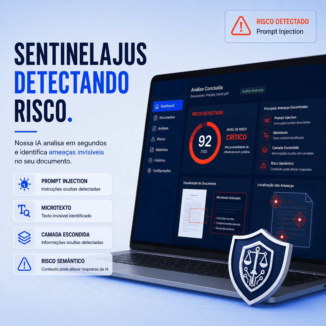 Dashboard do SentinelaJus detectando risco em documento jurídico